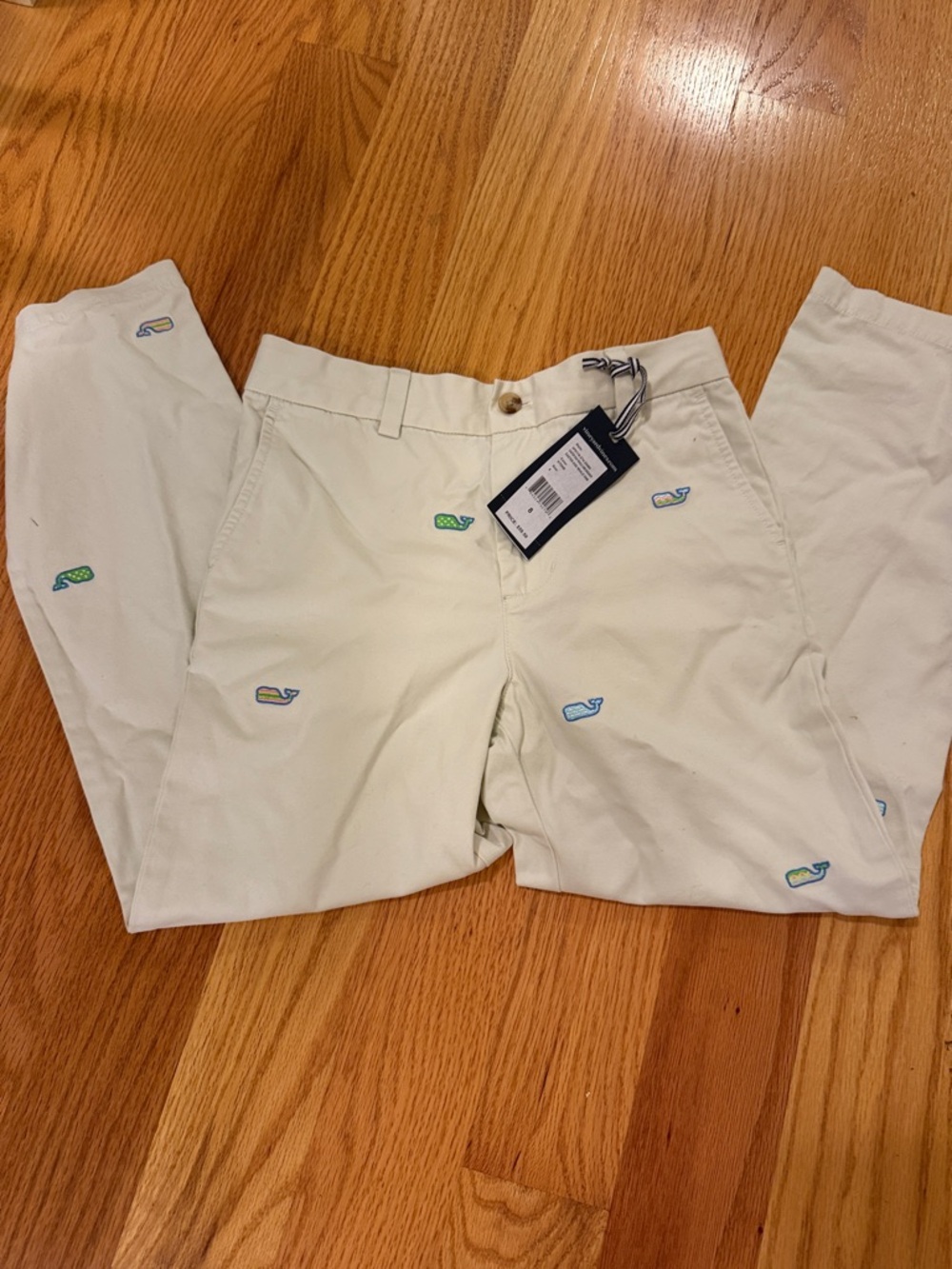 Boys Embroidered Whale Chino Pants - Cream with Blue & Green Accents